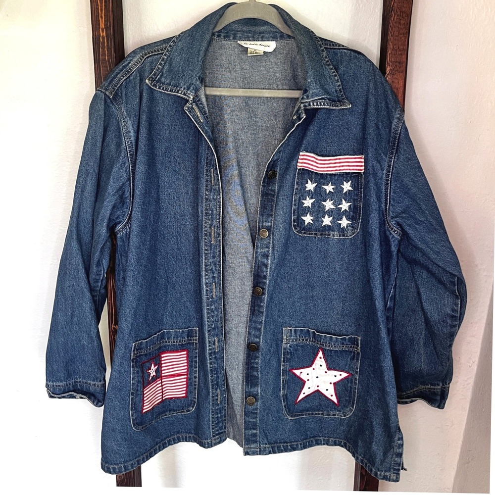 Michelle Louise Women XL Denim Americana Star Stripe Patch Button Up Jacket Blue